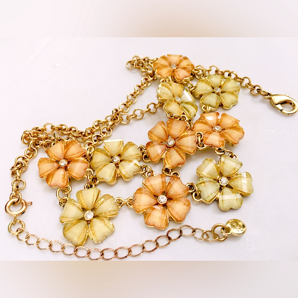 Rmn Gold Fleck Orange Yellow Spring Flower Rhinestone Necklace